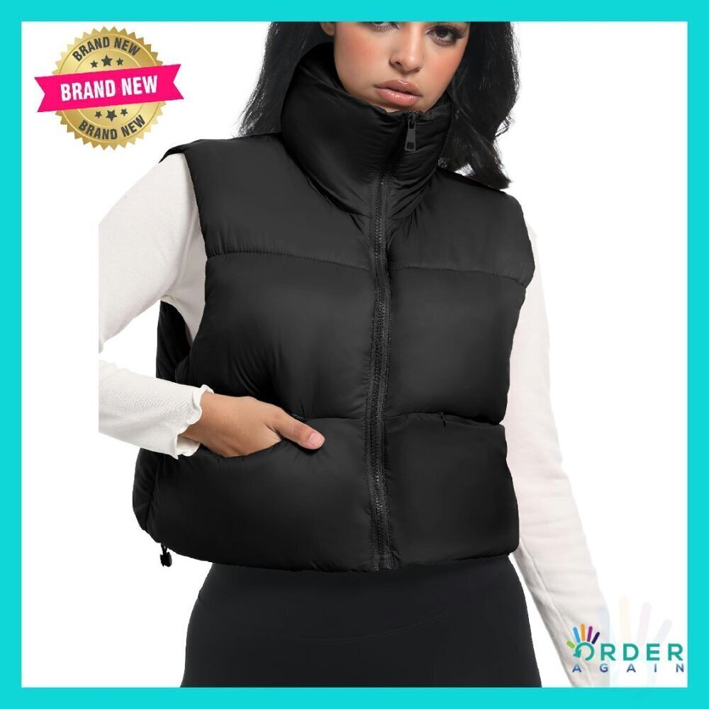Cropped Puffer Vest Lightweight Stand Collar Zip Up Sleeveless Jacket Chic